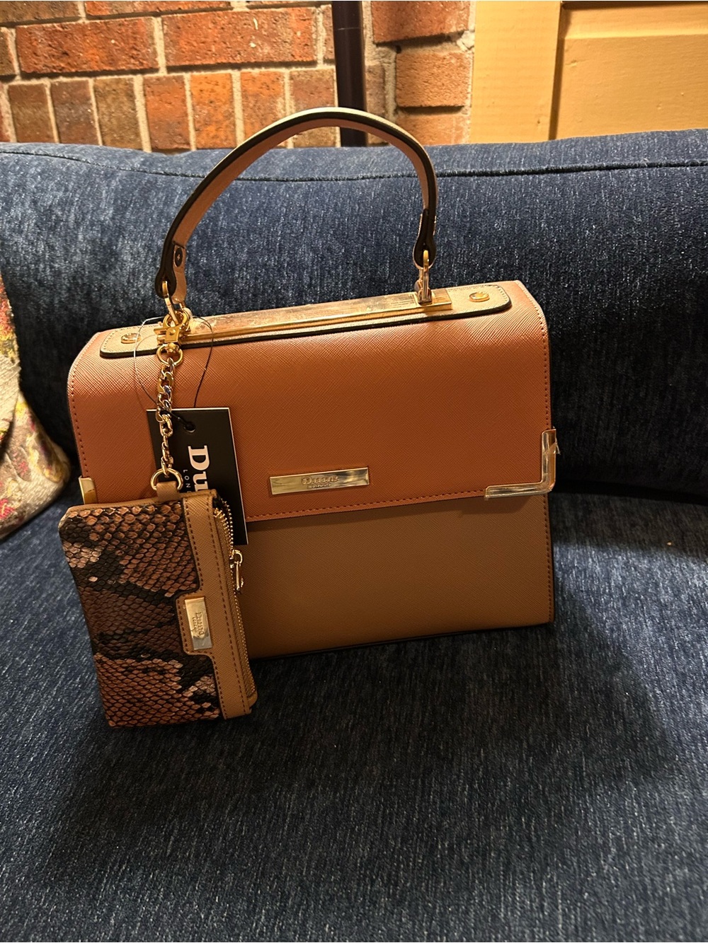 Dune London Two-Tone Tan Top-Handle Satchel with Snake-Print Wallet